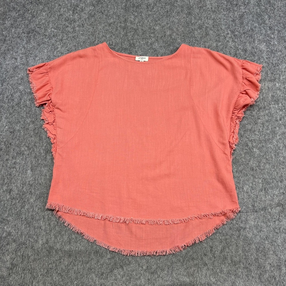 Umgee Blouse Womens M Pink Salmon Linen Blend Fringe Hem Flutter Tunic Top Prep
